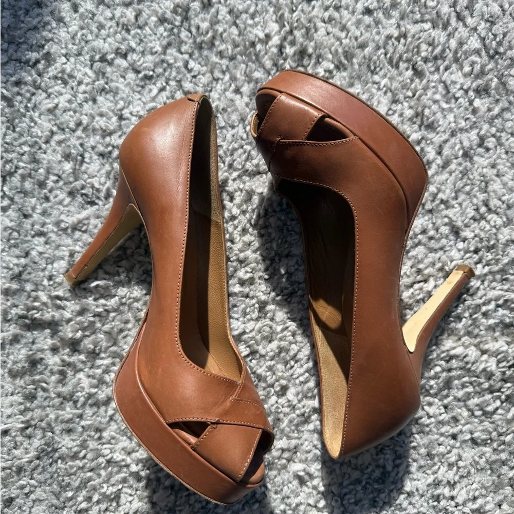 Brown Platform Peep Toe Heels EU 38 Stiletto Pumps Cutout Leather